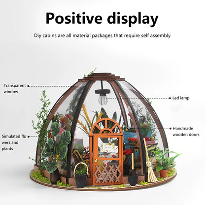 Wooden Miniature Greenhouse Kit with Furniture and LED Light - Various Styles