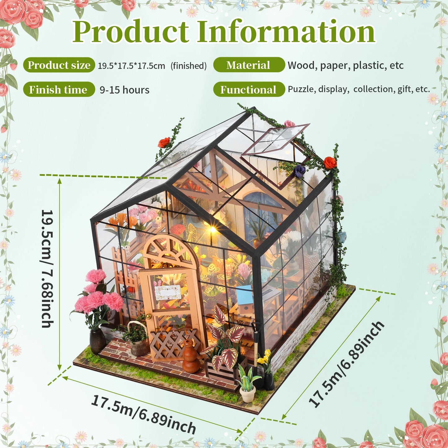 Wooden Miniature Greenhouse Kit with Furniture and LED Light - Various Styles