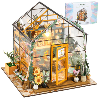 Wooden Miniature Greenhouse Kit with Furniture and LED Light - Various Styles