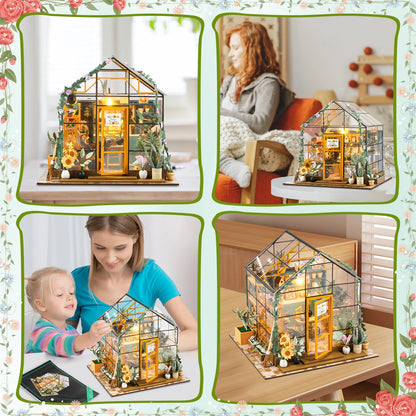 Wooden Miniature Greenhouse Kit with Furniture and LED Light - Various Styles
