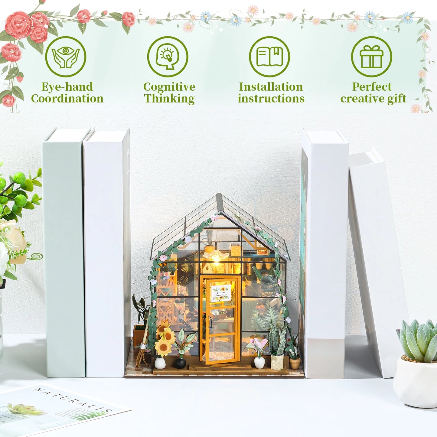 Wooden Miniature Greenhouse Kit with Furniture and LED Light - Various Styles