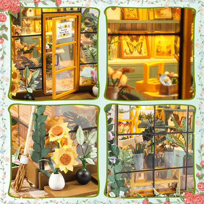Wooden Miniature Greenhouse Kit with Furniture and LED Light - Various Styles
