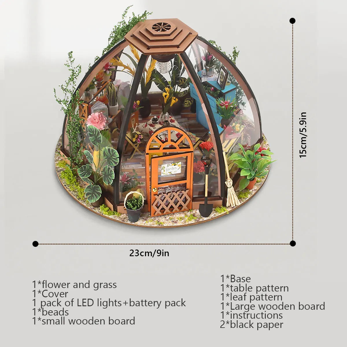 Wooden Miniature Greenhouse Kit with Furniture and LED Light - Various Styles