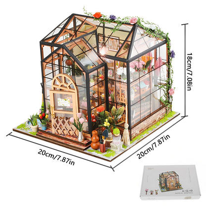 Wooden Miniature Greenhouse Kit with Furniture and LED Light - Various Styles